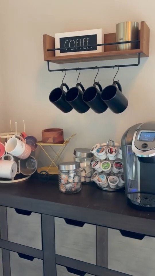 Coffee bar with Keurig machine, mugs and pods